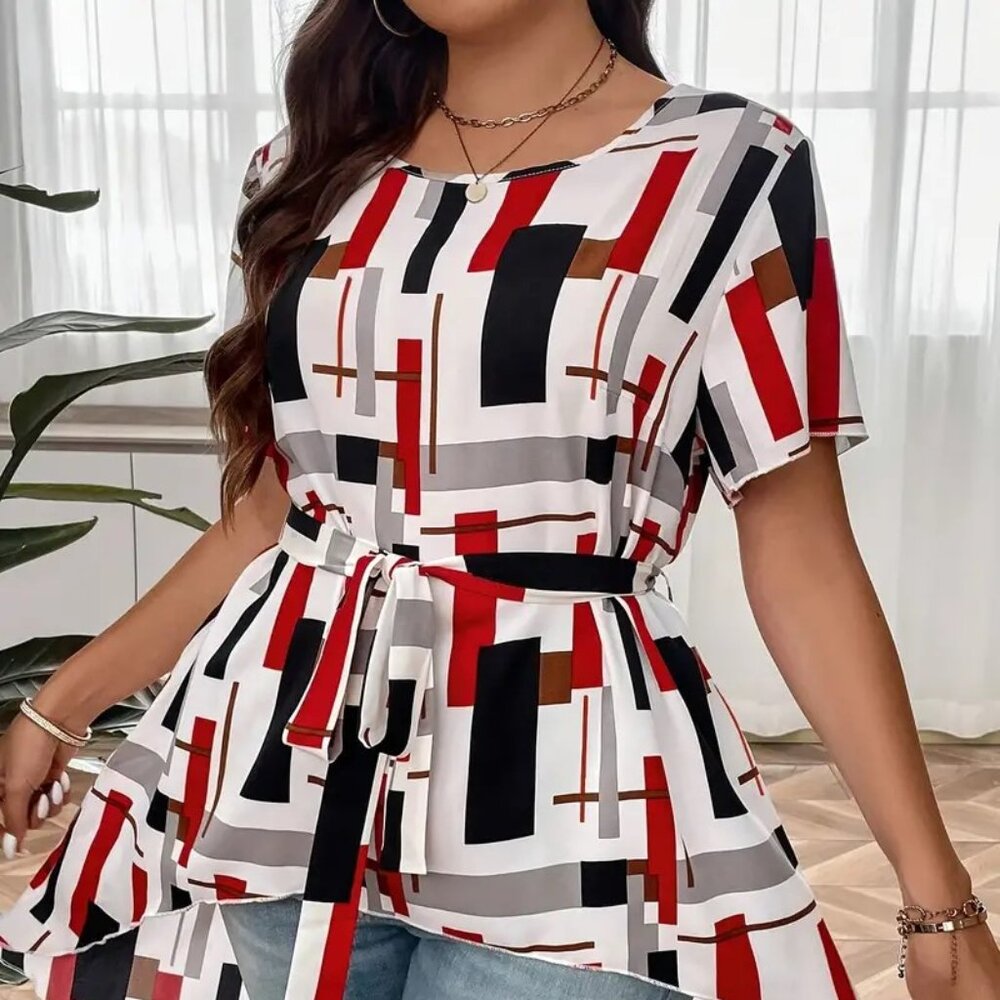 Women's Plus Size Elegant Plaid Print Asymmetrical Fashion Blouse Top 18W - 22W